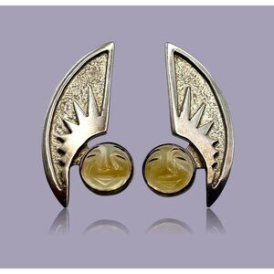 Vtg Navajo Modernist AR Signed .925 Sterling Silver Green Cabochon Earrings 25 G